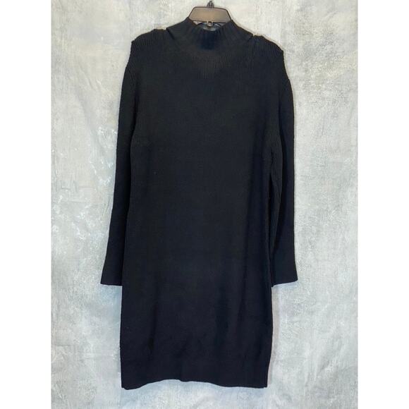 TREASURE & BOND Women's Solid Black Half-Zip Mock Neck Long Sleeve Sweater Dress - Picture 3 of 10
